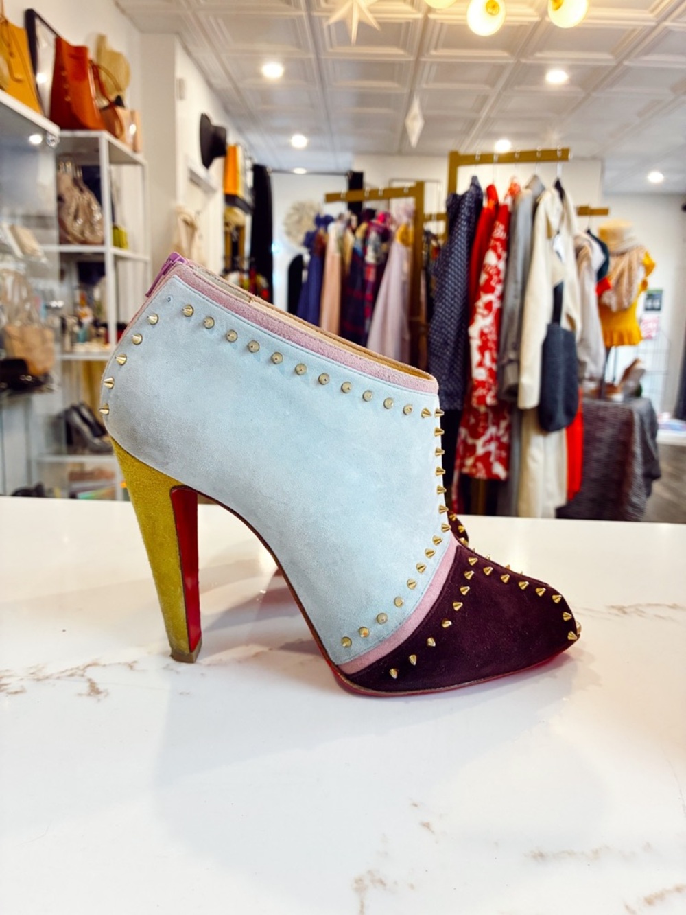 Christian Louboutin Carapachoc 100 suede peep toe ankle boots, size 38